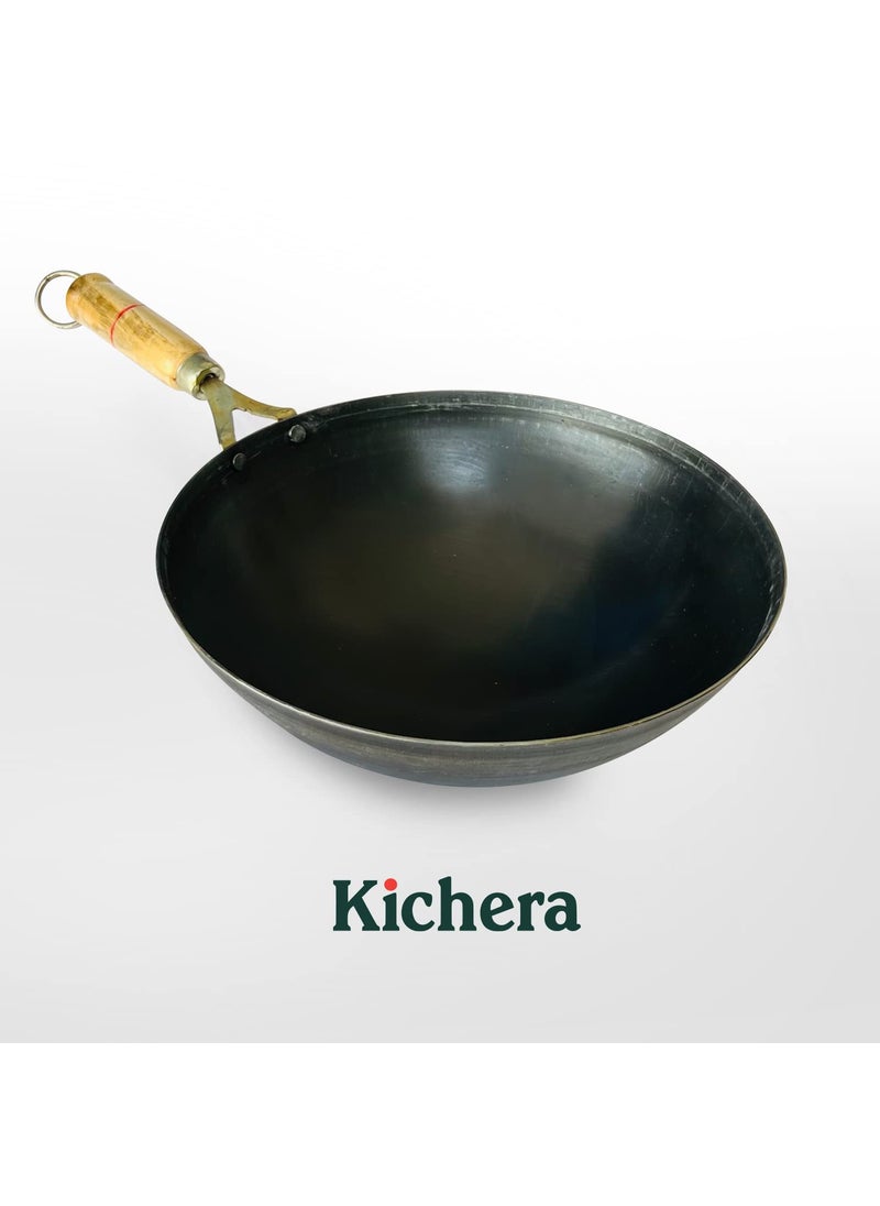 Kichera 11 Inch PreSeasoned Iron Wok with Wooden Handle Chinese Kadhai for Cooking Deep Frying Pure Iron Kadai Wok Fry Pan 29cm 31Ltr 12Kg Gas Compatible Round Base