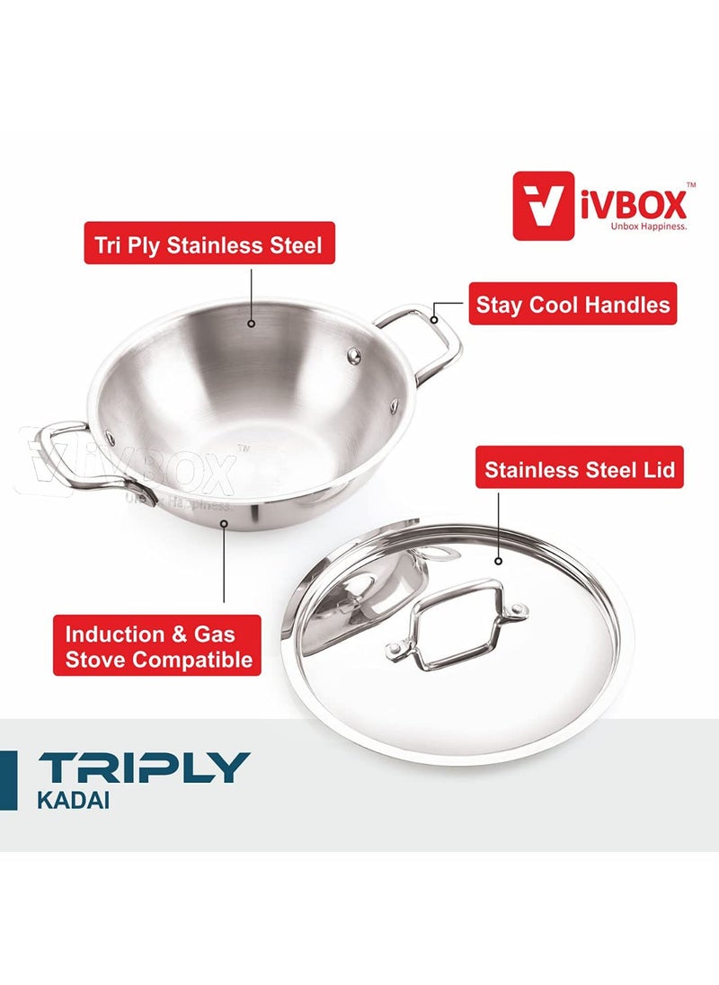 iVBOX Platina Induction Bottom 28cm TriPly Stainless Steel Kadai with Lid 35LTR 28cm
