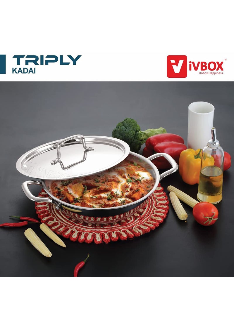iVBOX Platina Induction Bottom 28cm TriPly Stainless Steel Kadai with Lid 35LTR 28cm