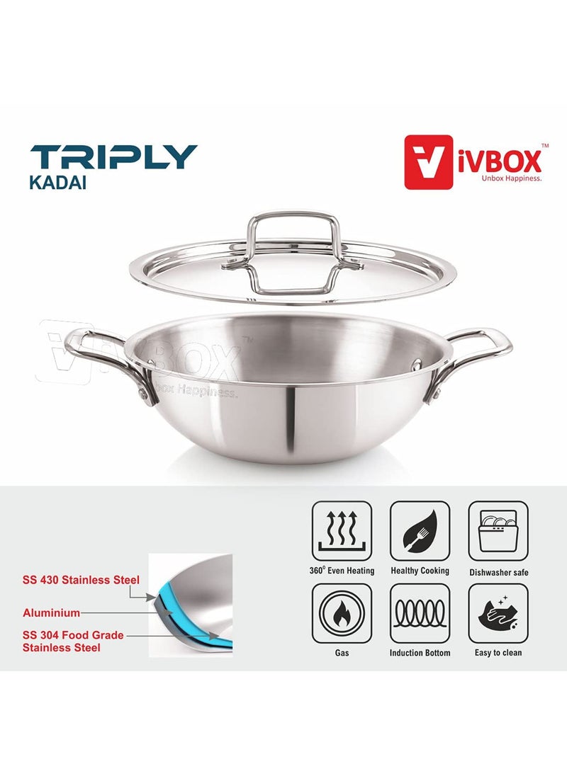 iVBOX Platina Induction Bottom 28cm TriPly Stainless Steel Kadai with Lid 35LTR 28cm