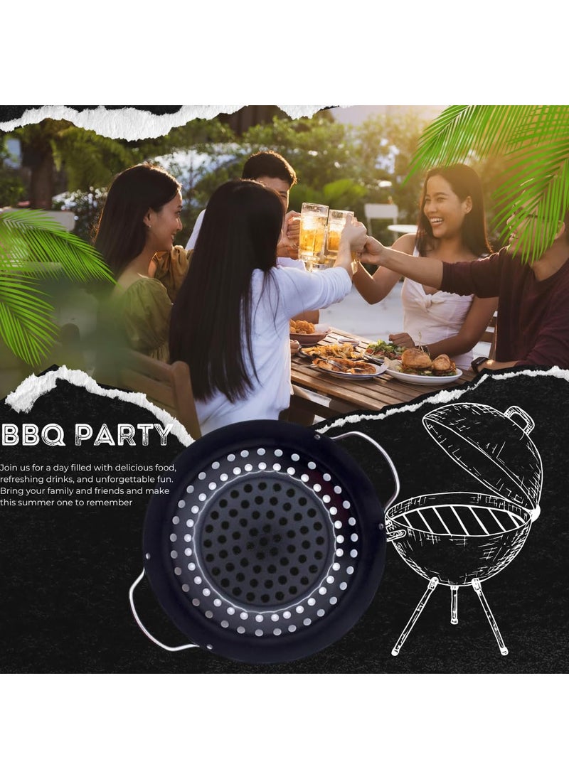 BHAJANSHREE NonStick Metal Grilling Skillet Round Grill Wok with Handle for Egg Veggie Basket BBQ Accessory Coated Handles Pan Black Outdoor Camping Cookware Barbecue Plate Meat Net Rack Roast