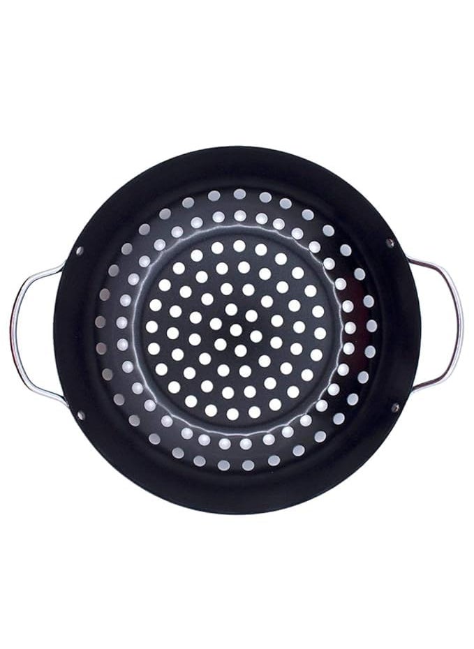 BHAJANSHREE NonStick Metal Grilling Skillet Round Grill Wok with Handle for Egg Veggie Basket BBQ Accessory Coated Handles Pan Black Outdoor Camping Cookware Barbecue Plate Meat Net Rack Roast