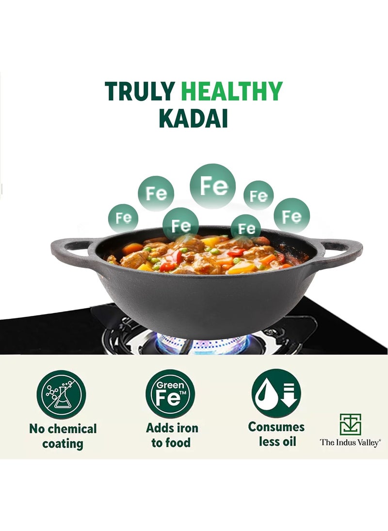 The Indus Valley PreSeasoned Cast Iron Kadai with Curve Handle Medium 252Cm10Inch 22Ltr 23Kg Gas Compatible Naturally Nonstick 100 Pure ToxinFree