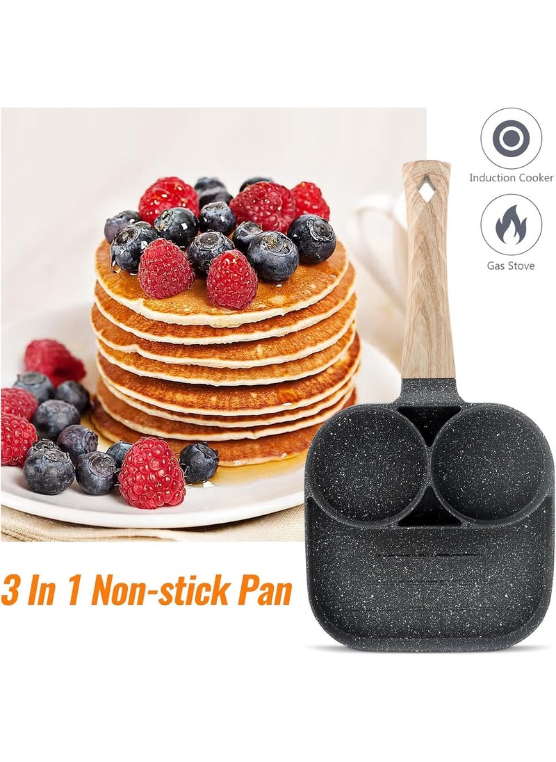 Gladnes 3 in 1 Egg Frying Pan NonStick Small Egg Poacher Half Fry Egg Pan Omelette Uttapam Pancake MultiCavity Pan Wooden Handle Gas Stove Compatible