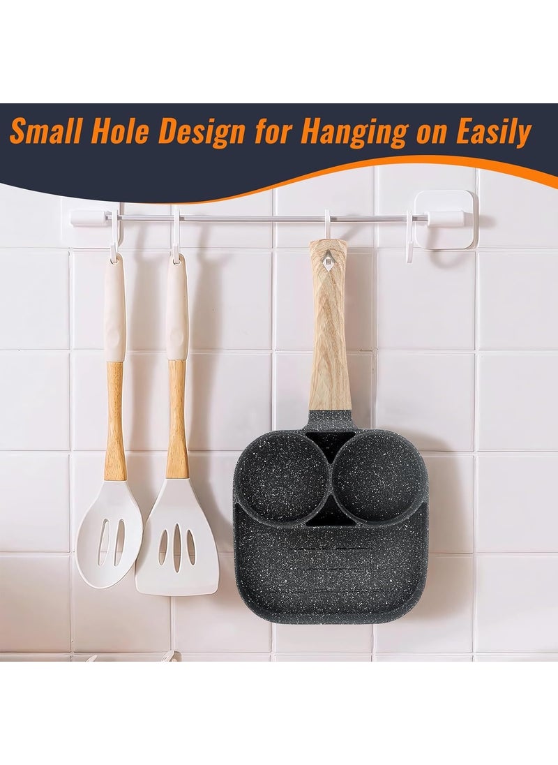 Gladnes 3 in 1 Egg Frying Pan NonStick Small Egg Poacher Half Fry Egg Pan Omelette Uttapam Pancake MultiCavity Pan Wooden Handle Gas Stove Compatible