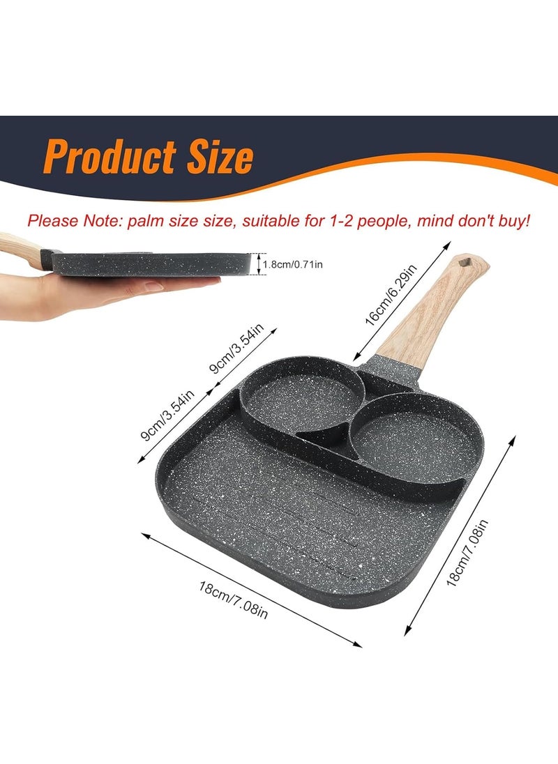 Gladnes 3 in 1 Egg Frying Pan NonStick Small Egg Poacher Half Fry Egg Pan Omelette Uttapam Pancake MultiCavity Pan Wooden Handle Gas Stove Compatible