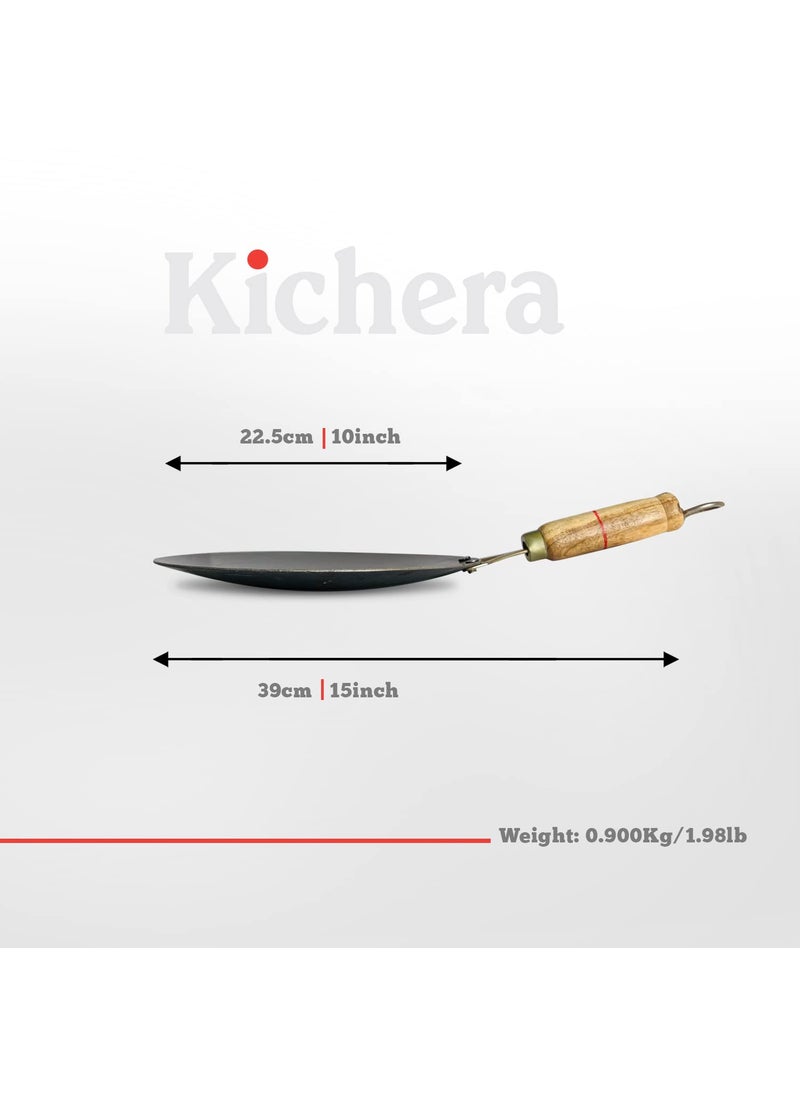 Kichera Iron Roti TawaChapathi with Wooden Handle 23cm10 inch 09kg Gas Stove Friendly PreSeasoned Black Concave Iron Tava