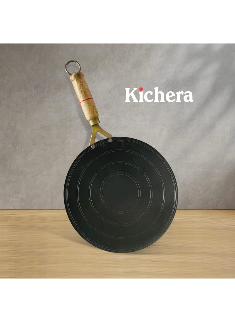 Kichera Iron Roti TawaChapathi with Wooden Handle 23cm10 inch 09kg Gas Stove Friendly PreSeasoned Black Concave Iron Tava
