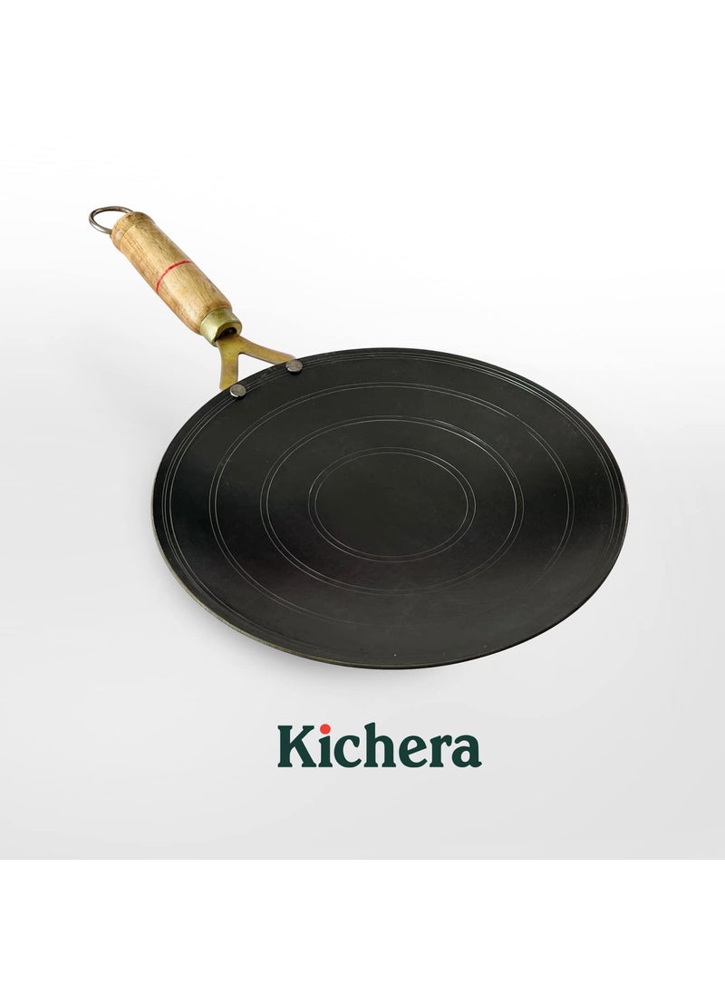 Kichera Iron Roti TawaChapathi with Wooden Handle 23cm10 inch 09kg Gas Stove Friendly PreSeasoned Black Concave Iron Tava