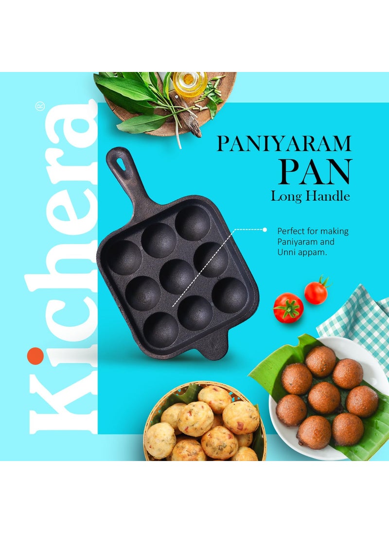 Kichera Cast Iron 9 Cavity Paniyaram pan Long Handle 7 Inch 24kg Paddu Maker Ponganalu Kallu Appam Chatti PreSeasoned Naturally NonStick Induction Friendly Pure ToxinFree Appachatty