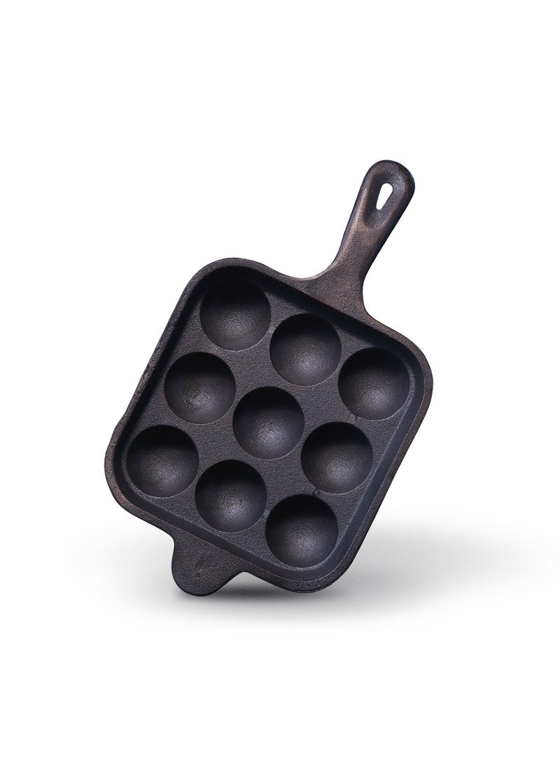Kichera Cast Iron 9 Cavity Paniyaram pan Long Handle 7 Inch 24kg Paddu Maker Ponganalu Kallu Appam Chatti PreSeasoned Naturally NonStick Induction Friendly Pure ToxinFree Appachatty