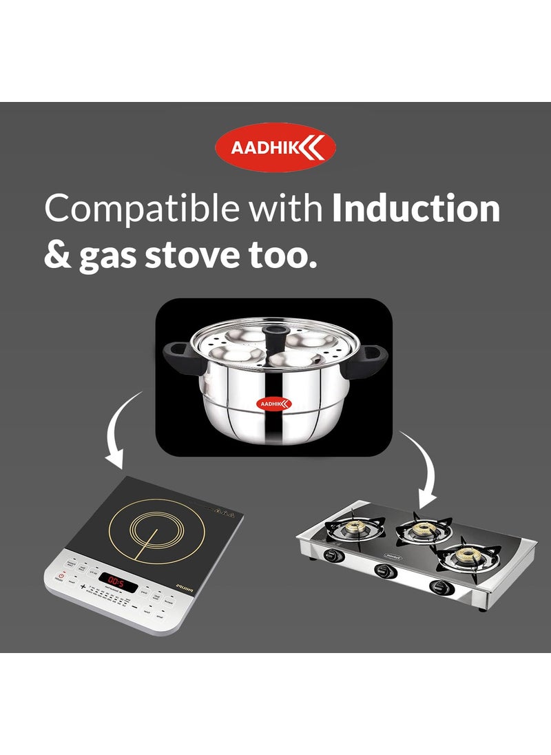 AADHIK Idli Maker Stainless Steel Idli Cooker Idli Steamer Idly Pot Dhokla Maker and Mini Idli Plate Silver 12 Idli 5 Plate Idli Kadai