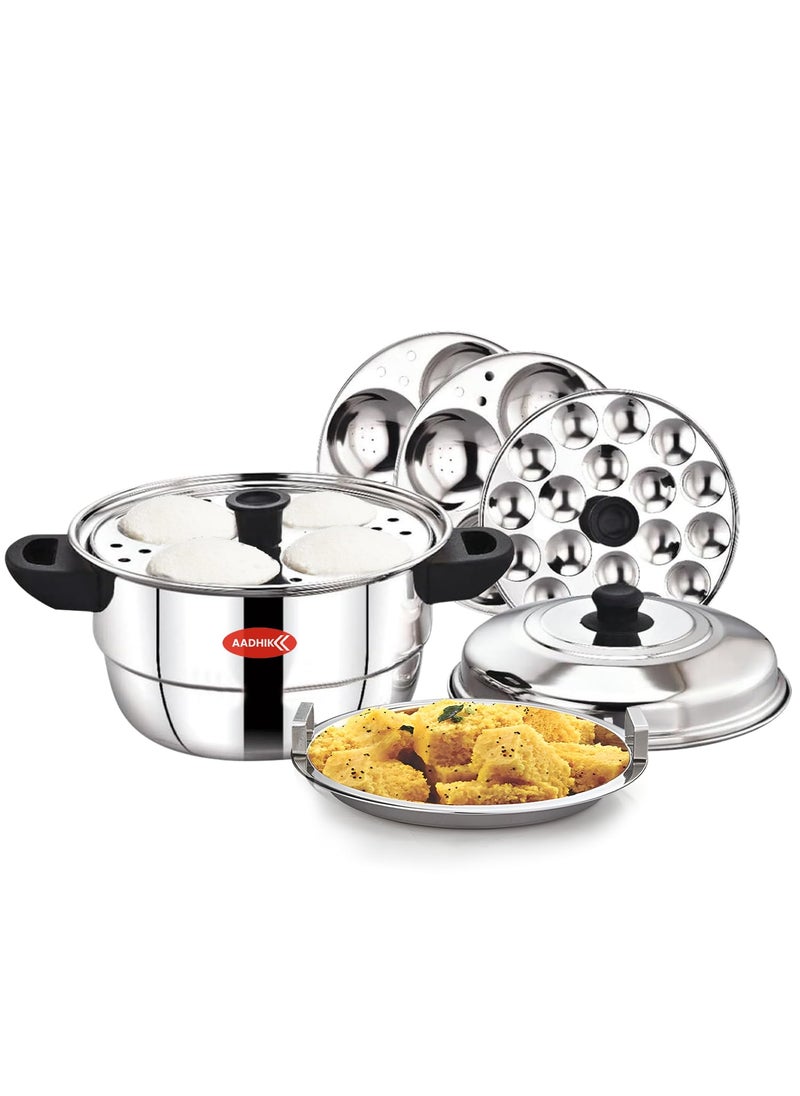 AADHIK Idli Maker Stainless Steel Idli Cooker Idli Steamer Idly Pot Dhokla Maker and Mini Idli Plate Silver 12 Idli 5 Plate Idli Kadai