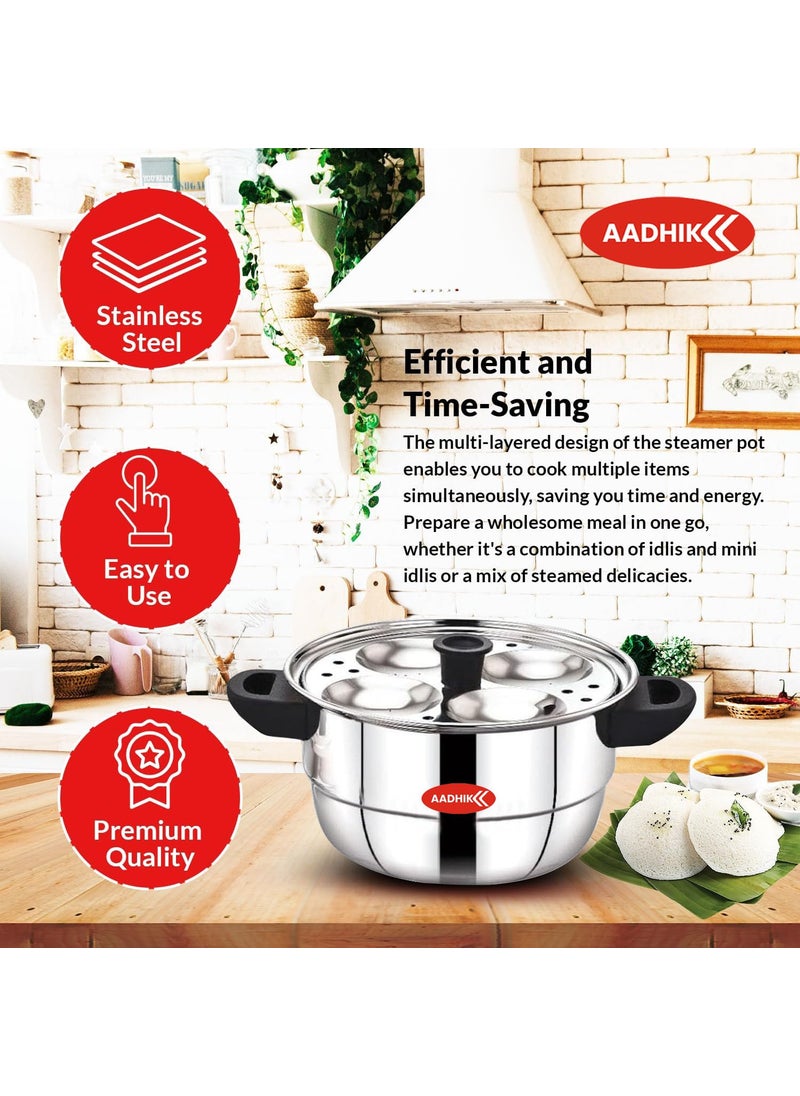 AADHIK Idli Maker Stainless Steel Idli Cooker Idli Steamer Idly Pot Dhokla Maker and Mini Idli Plate Silver 12 Idli 5 Plate Idli Kadai