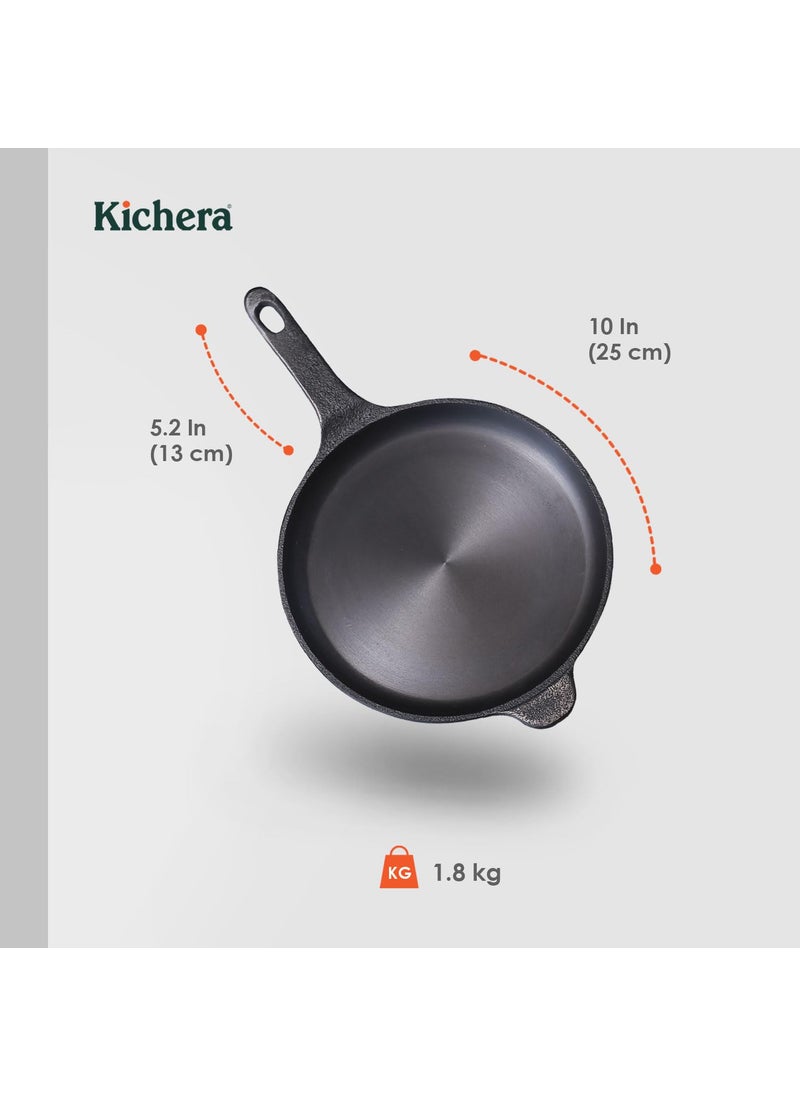 Kichera 10 Inch Pre Seasoned Cast Iron OmeletteMultipurpose Pan with Long Handle