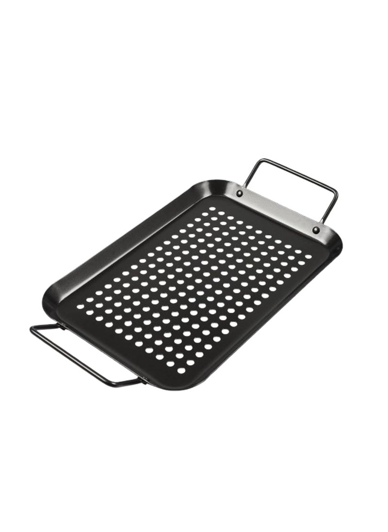 SHREESAMP Stainless Steel BBQ Square Grill Pan with Cookware Accessories Handles for Outdoor BBQ Fish Grill Basket Holes Veggie Iron Meat Tray with NonStick Camping Grill Pan 35x 19 x2 CM