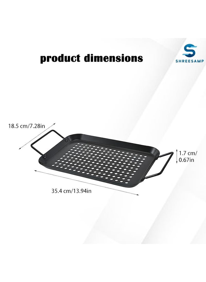SHREESAMP Stainless Steel BBQ Square Grill Pan with Cookware Accessories Handles for Outdoor BBQ Fish Grill Basket Holes Veggie Iron Meat Tray with NonStick Camping Grill Pan 35x 19 x2 CM