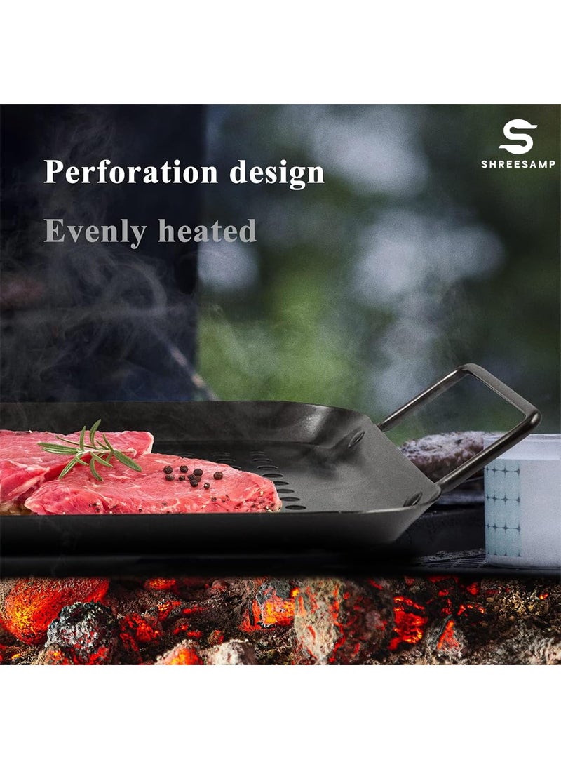 SHREESAMP Stainless Steel BBQ Square Grill Pan with Cookware Accessories Handles for Outdoor BBQ Fish Grill Basket Holes Veggie Iron Meat Tray with NonStick Camping Grill Pan 35x 19 x2 CM