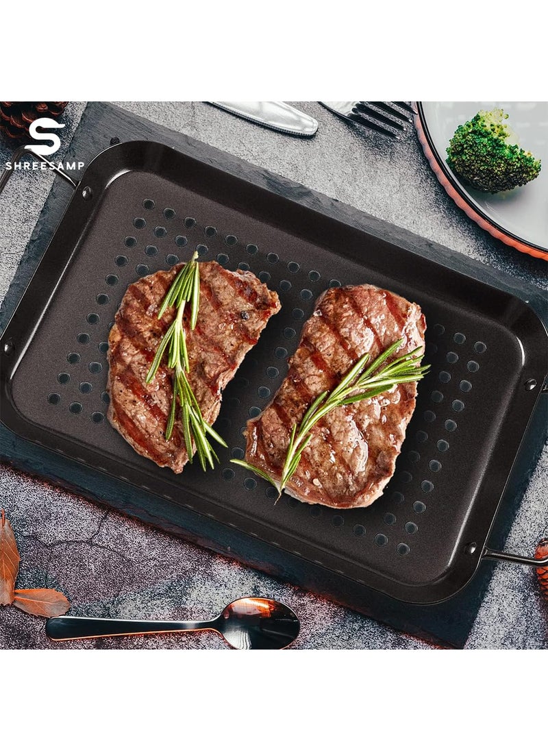 SHREESAMP Stainless Steel BBQ Square Grill Pan with Cookware Accessories Handles for Outdoor BBQ Fish Grill Basket Holes Veggie Iron Meat Tray with NonStick Camping Grill Pan 35x 19 x2 CM