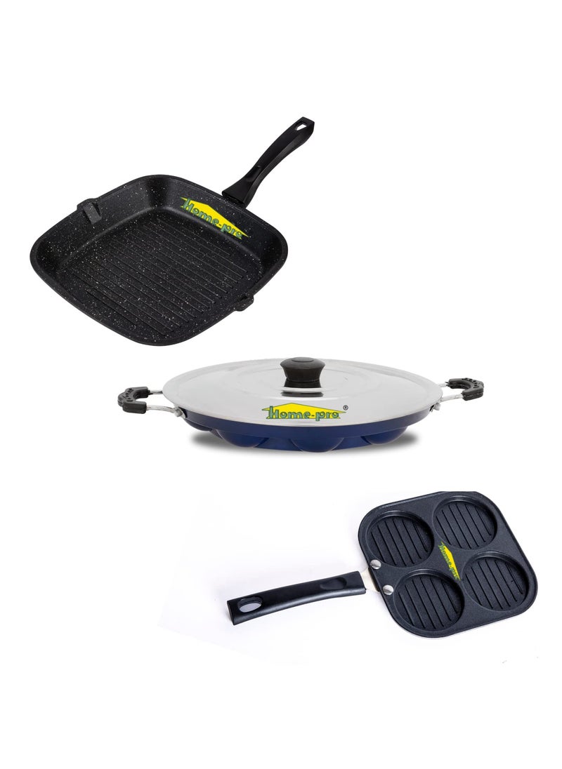 HomePro Grill Pan Uttapam Appam Blue Non Stick Combos Pot Pan Set Aluminium Set Bakelite Handle Combo Pack of 3