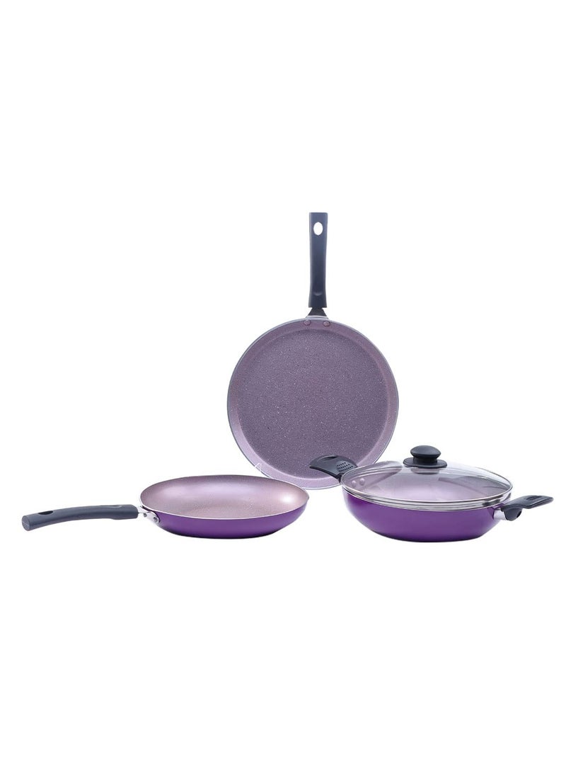 Wonderchef Forza CastIron 26 cm Grill Pan PreSeasoned Cookware Induction Friendly 38 mm Valencia NonStick Cookware 4 Piece Set Purple