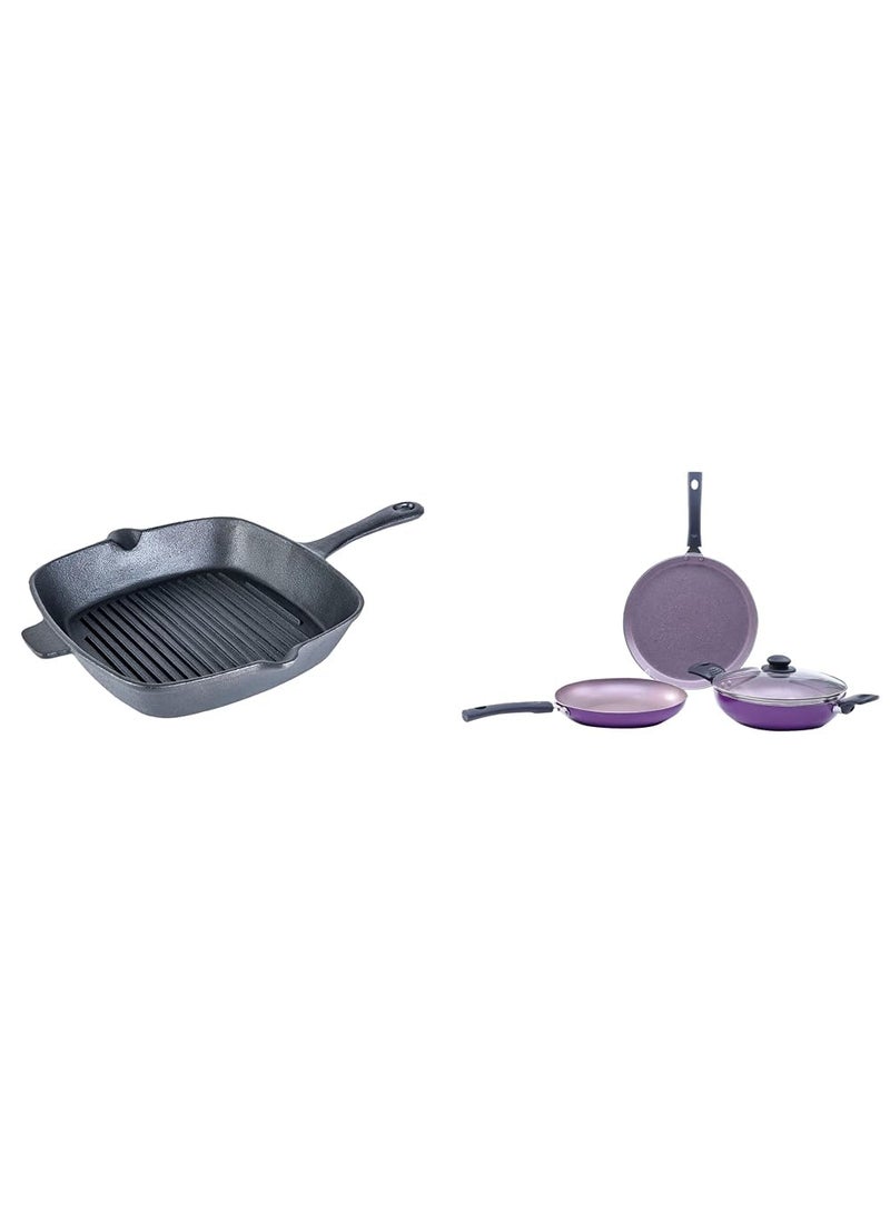 Wonderchef Forza CastIron 26 cm Grill Pan PreSeasoned Cookware Induction Friendly 38 mm Valencia NonStick Cookware 4 Piece Set Purple