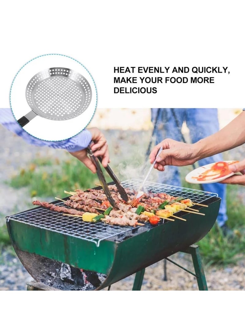 Snevad BBQ Frying Pan Stainless Steel Grill Tray Non Stick Barbecue Basket Oil Drain Holes Handle for HighTemperature Baking Serving Food Grill BowlPlate for Camping CookwarePicnics 51x30x4 CM