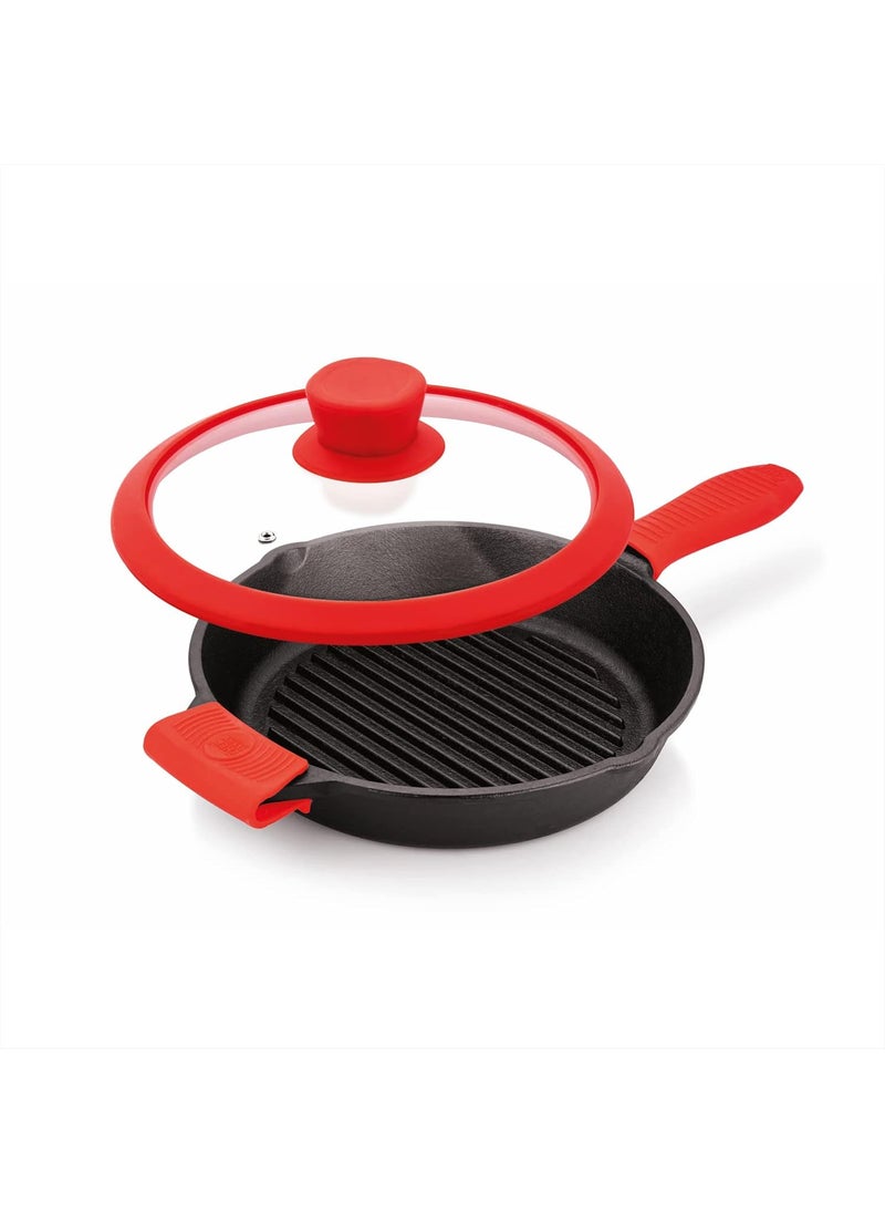 The Chef Story Throwback Series Cast Iron Grill Pan 26cm PreSeasoned 102 Inch Lifetime Exchange Warranty Unibody Design with no Screw Joints Silicon Sleeves Tempered Glass Rim with Silicon Rim Eco Friendly Induction Gas Electric Solid Plate Radiant Ceramic Halogen Recyclable Iron Toxic Free