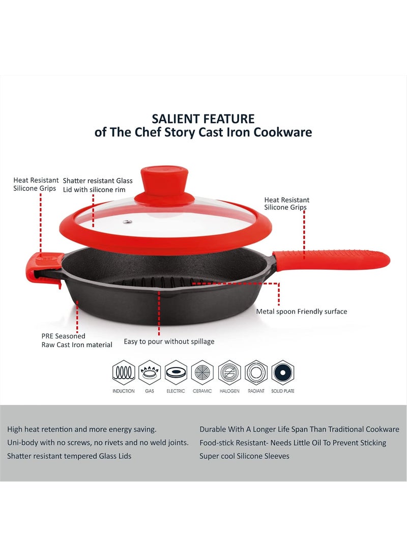 The Chef Story Throwback Series Cast Iron Grill Pan 26cm PreSeasoned 102 Inch Lifetime Exchange Warranty Unibody Design with no Screw Joints Silicon Sleeves Tempered Glass Rim with Silicon Rim Eco Friendly Induction Gas Electric Solid Plate Radiant Ceramic Halogen Recyclable Iron Toxic Free