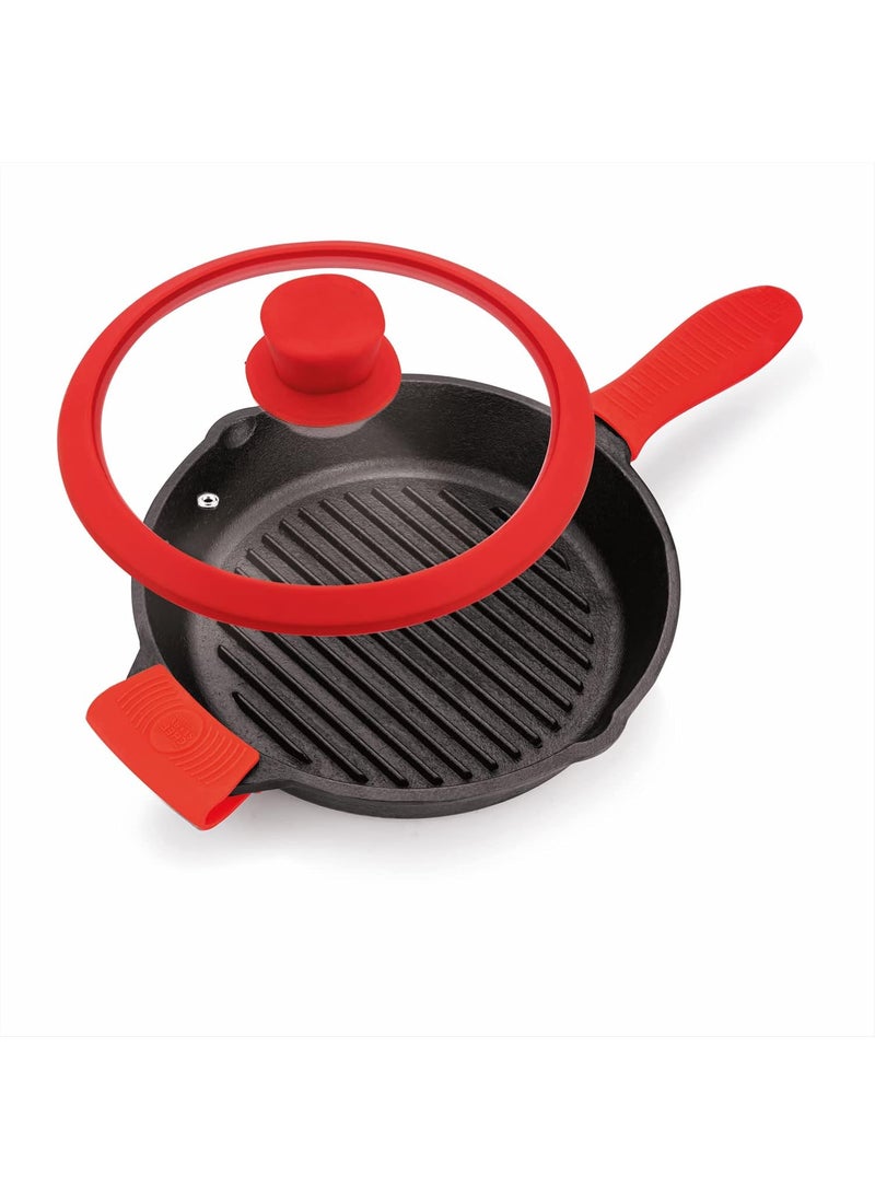 The Chef Story Throwback Series Cast Iron Grill Pan 26cm PreSeasoned 102 Inch Lifetime Exchange Warranty Unibody Design with no Screw Joints Silicon Sleeves Tempered Glass Rim with Silicon Rim Eco Friendly Induction Gas Electric Solid Plate Radiant Ceramic Halogen Recyclable Iron Toxic Free
