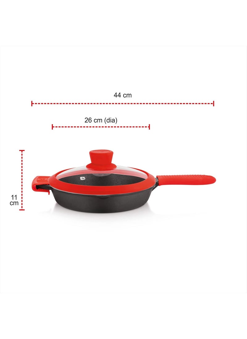 The Chef Story Throwback Series Cast Iron Grill Pan 26cm PreSeasoned 102 Inch Lifetime Exchange Warranty Unibody Design with no Screw Joints Silicon Sleeves Tempered Glass Rim with Silicon Rim Eco Friendly Induction Gas Electric Solid Plate Radiant Ceramic Halogen Recyclable Iron Toxic Free