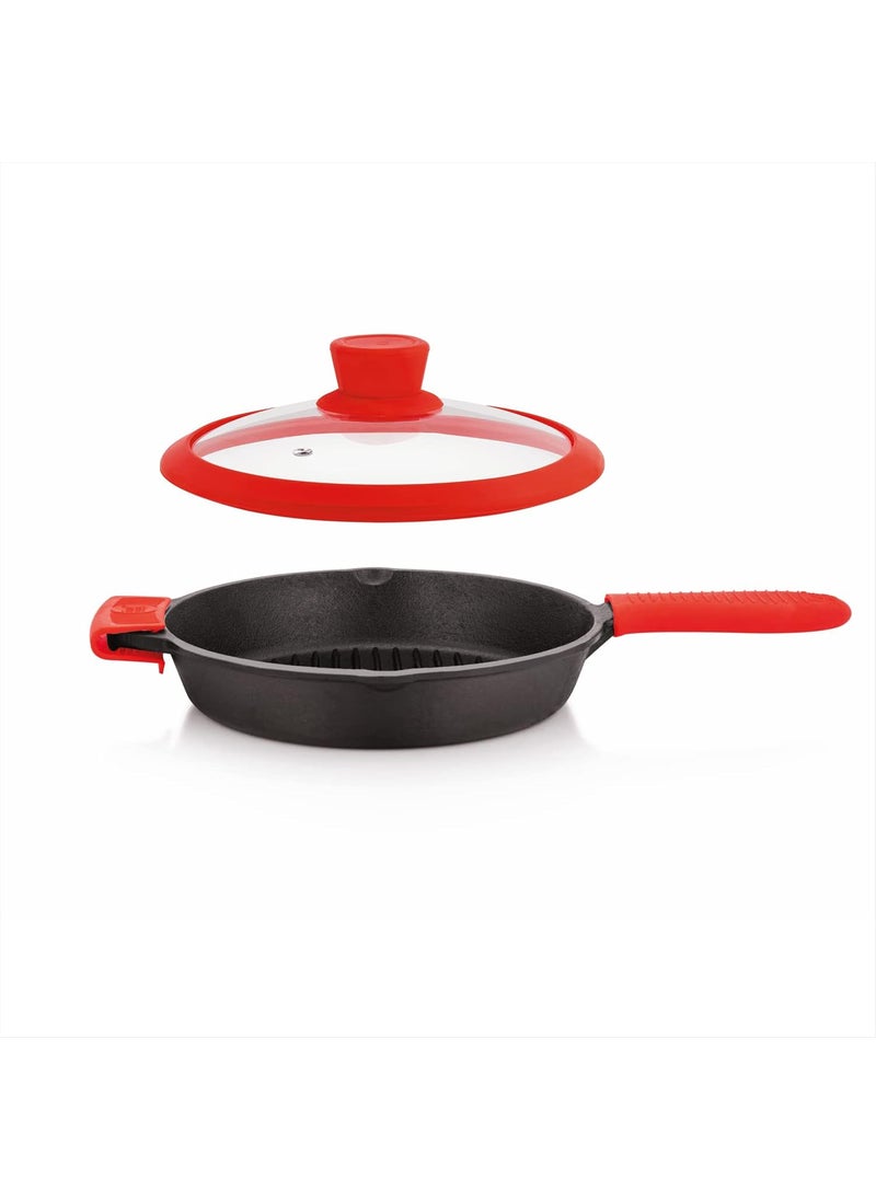 The Chef Story Throwback Series Cast Iron Grill Pan 26cm PreSeasoned 102 Inch Lifetime Exchange Warranty Unibody Design with no Screw Joints Silicon Sleeves Tempered Glass Rim with Silicon Rim Eco Friendly Induction Gas Electric Solid Plate Radiant Ceramic Halogen Recyclable Iron Toxic Free