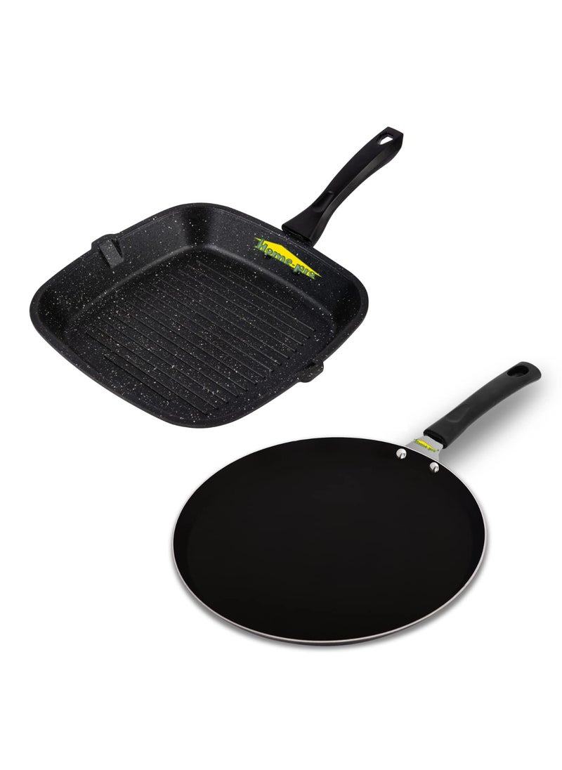 HomePro Grill Pan Dosa Tawa Black Non Stick Combos Pot Pan Set Aluminium Set Bakelite Handle Combo Pack of 2