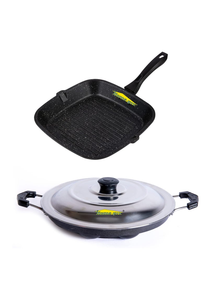 HomePro Grill Pan Appam Black Non Stick Combos Pot Pan Set Aluminium Set Bakelite Handle Combo Pack of 2