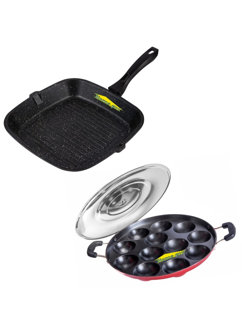 HomePro Grill Pan Appam Red Non Stick Combos Pot Pan Set Aluminium Set Bakelite Handle Combo Pack of 2