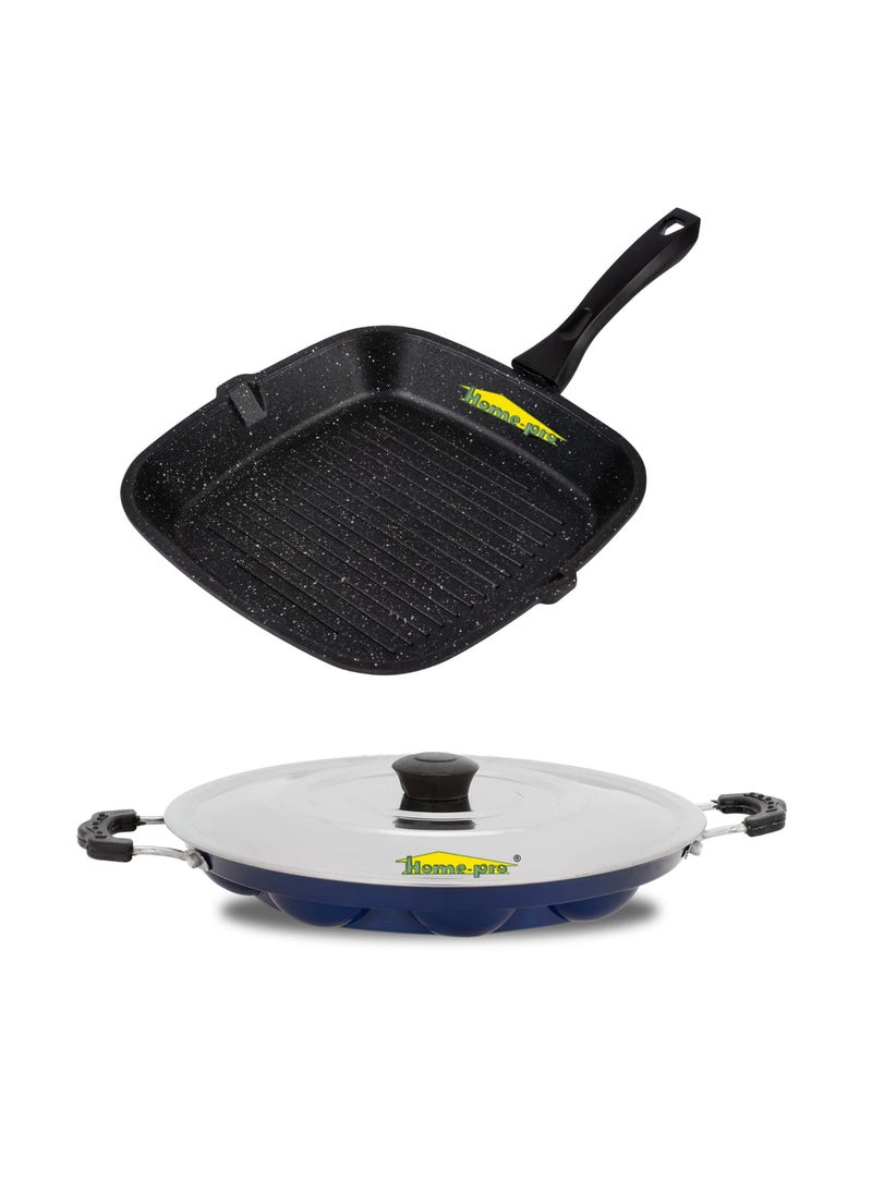 HomePro Grill Pan Appam Blue Non Stick Combos Pot Pan Set Aluminium Set Bakelite Handle Combo Pack of 2