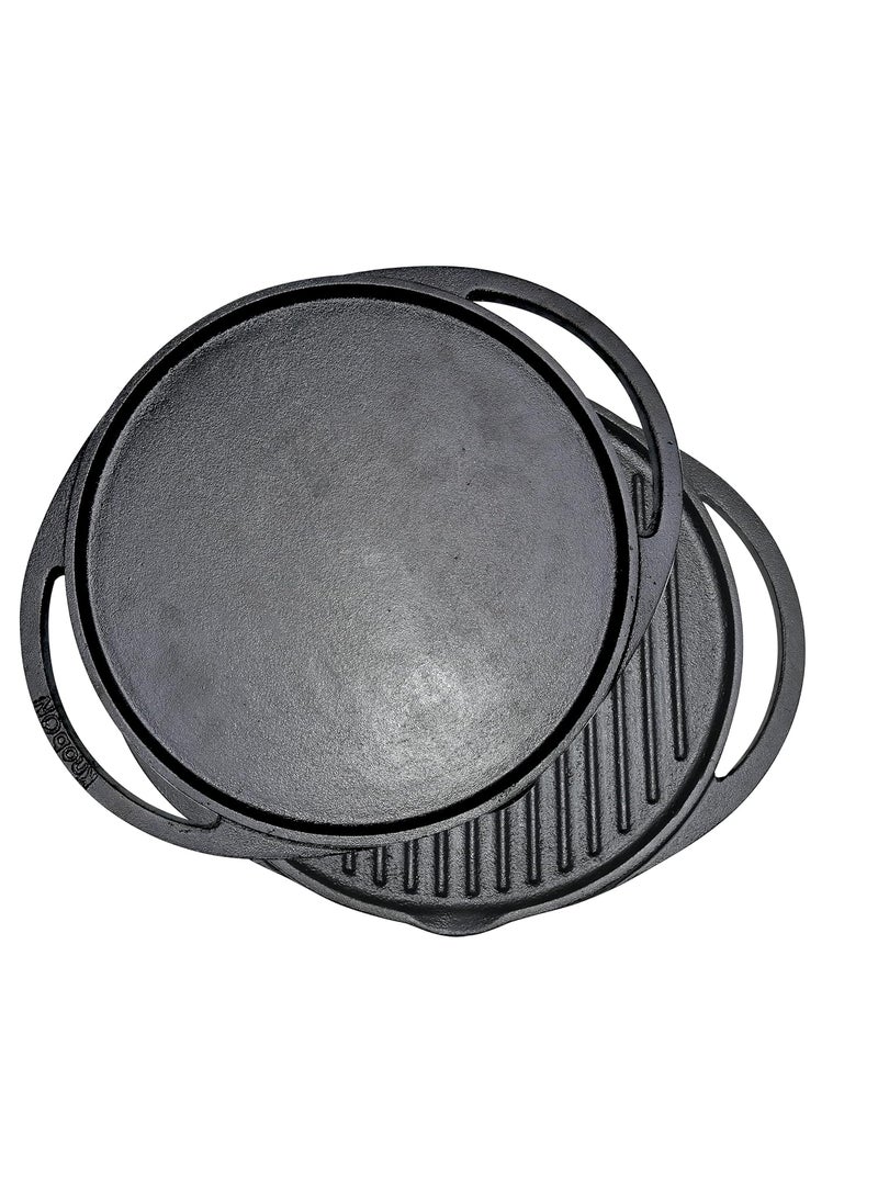 KNOBON Cast Iron Grill Pan 30 Cm Double Side 2 in 1 Tawa Grill Barbeque Grilling Cooking for MeatsSeafoodVegetablesEggs Gas and Induction GRDT_30 Black