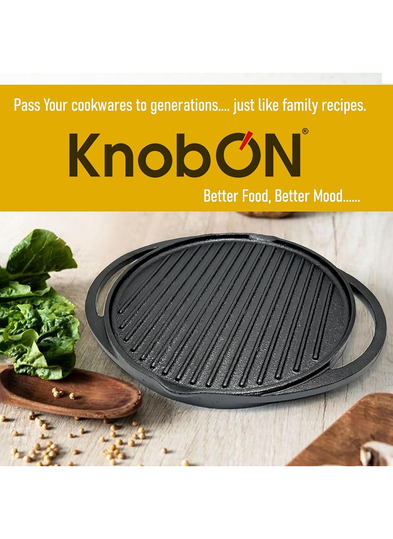 KNOBON Cast Iron Grill Pan 30 Cm Double Side 2 in 1 Tawa Grill Barbeque Grilling Cooking for MeatsSeafoodVegetablesEggs Gas and Induction GRDT_30 Black