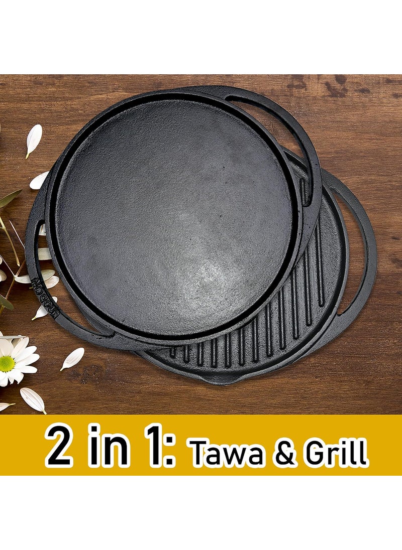 KNOBON PreSeasoned Smooth Finish Cast Iron Grill Pan and Griddle Pan 2 in 1 Cast Iron Tawa for Dosa Barbeque Grill Sandwich Maker Roti tawa cast Iron Dosa tawa Big Size 30cm