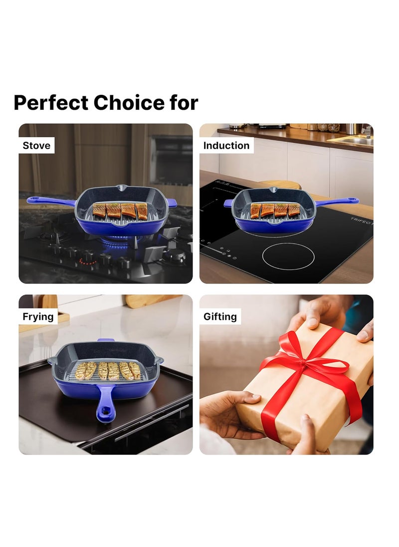 The Better Home Rustic Series Cast Iron Grill Pan Enamel Coated CastIron Non Stick Pan with Silicon Sleeve Gas Induction Cookware with Long Ergonomic Handle PurpleBlack