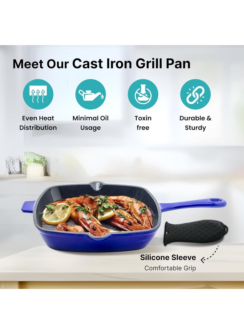 The Better Home Rustic Series Cast Iron Grill Pan Enamel Coated CastIron Non Stick Pan with Silicon Sleeve Gas Induction Cookware with Long Ergonomic Handle PurpleBlack
