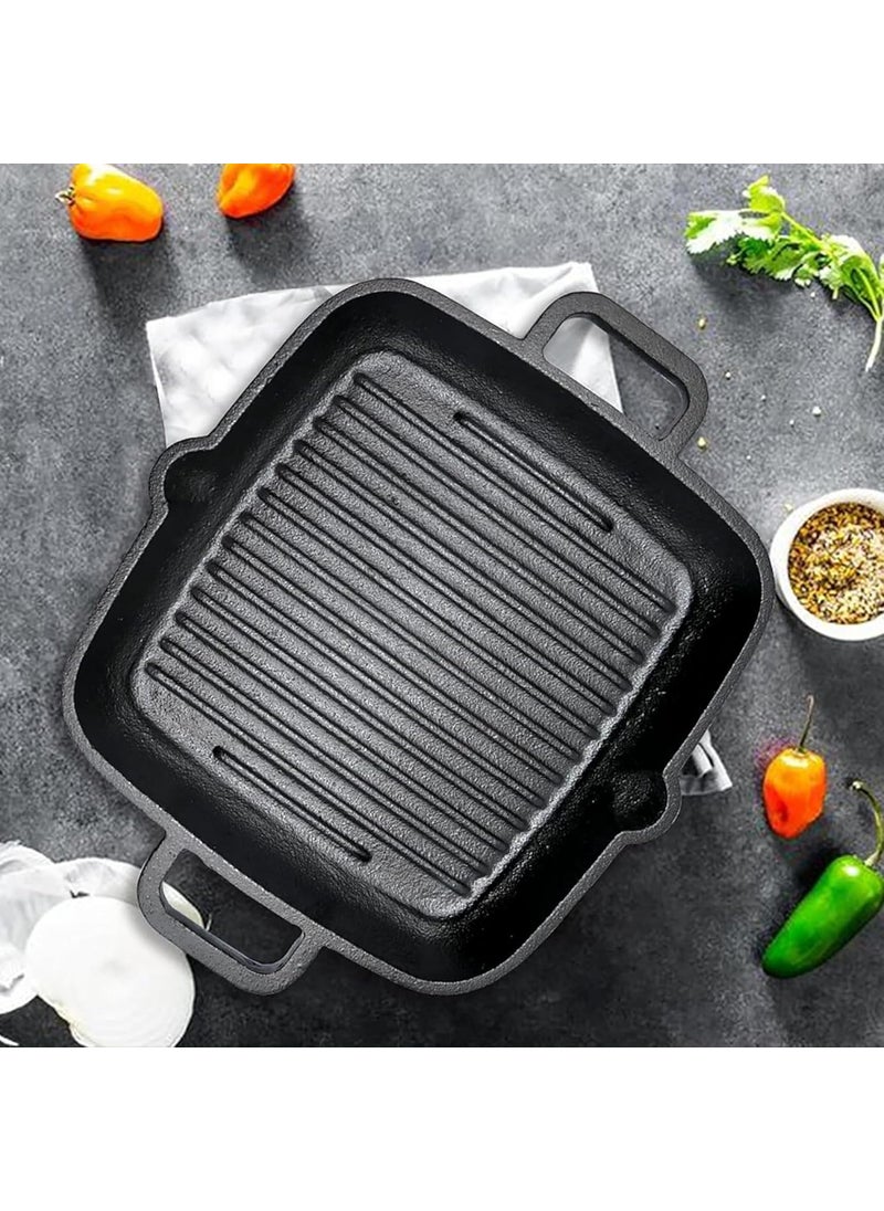 KNOBON PreSeasoned Cast Iron Grill Fry Pan Square Griddle with Ribs Nonstick Griddle Grill Cookware Black with Two Handle Gas Stove Induction Friendly 26Cm Black