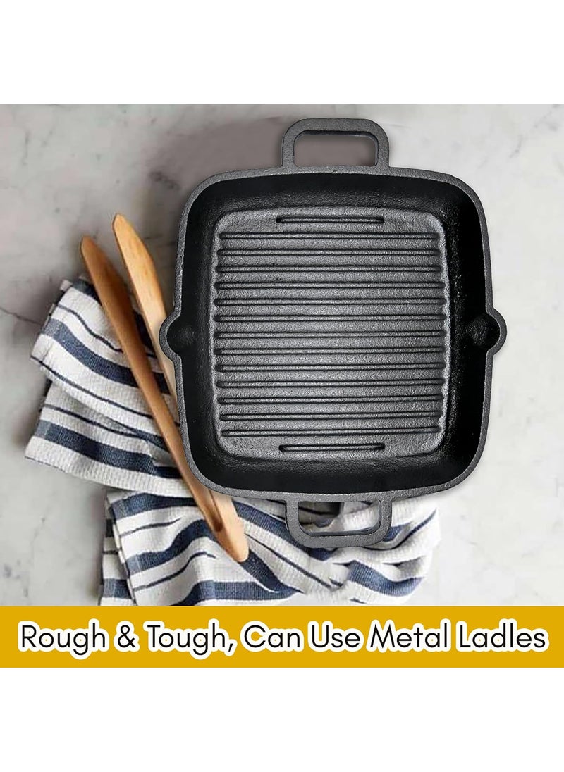 KNOBON PreSeasoned Cast Iron Grill Fry Pan Square Griddle with Ribs Nonstick Griddle Grill Cookware Black with Two Handle Gas Stove Induction Friendly 26Cm Black
