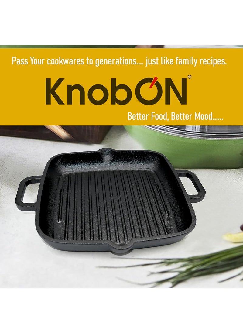KNOBON PreSeasoned Cast Iron Grill Fry Pan Square Griddle with Ribs Nonstick Griddle Grill Cookware Black with Two Handle Gas Stove Induction Friendly 26Cm Black