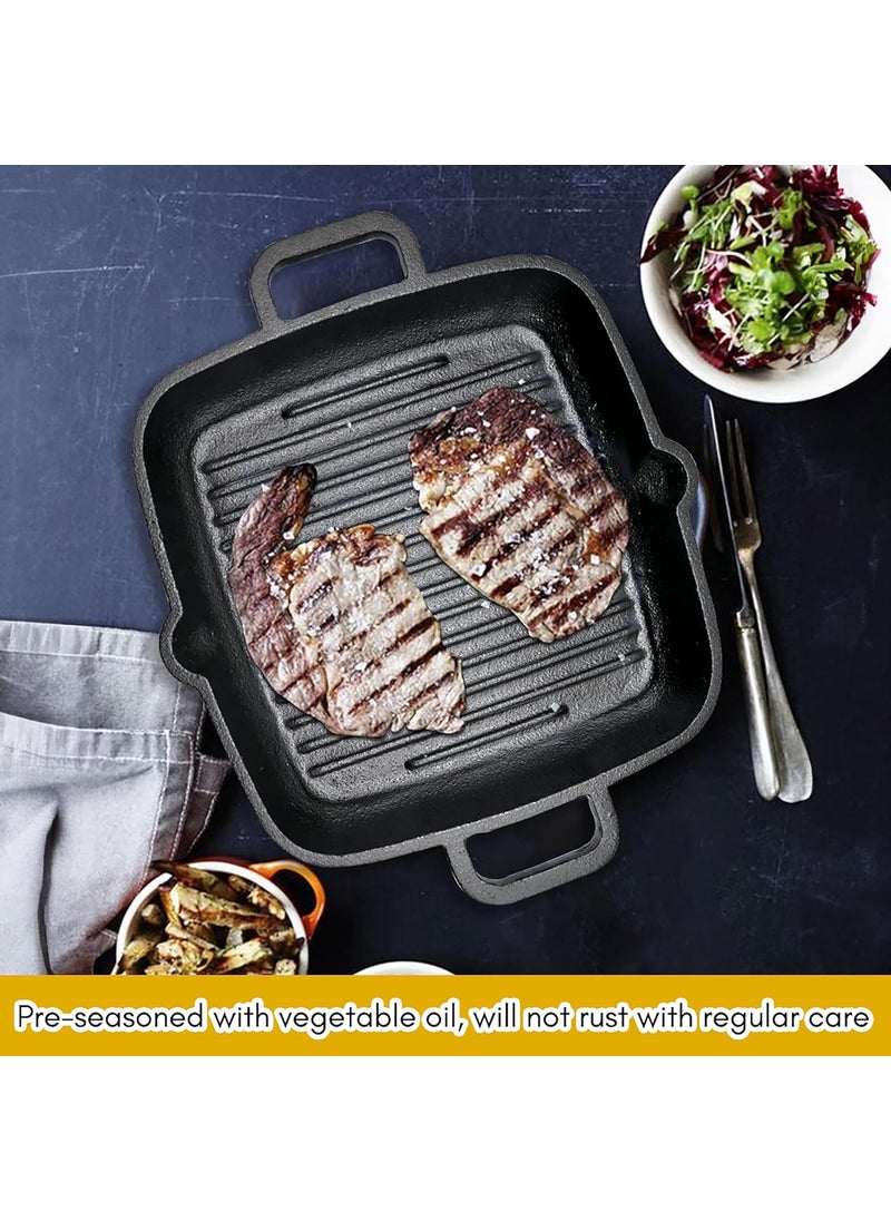 KNOBON PreSeasoned Cast Iron Grill Fry Pan Square Griddle with Ribs Nonstick Griddle Grill Cookware Black with Two Handle Gas Stove Induction Friendly 26Cm Black