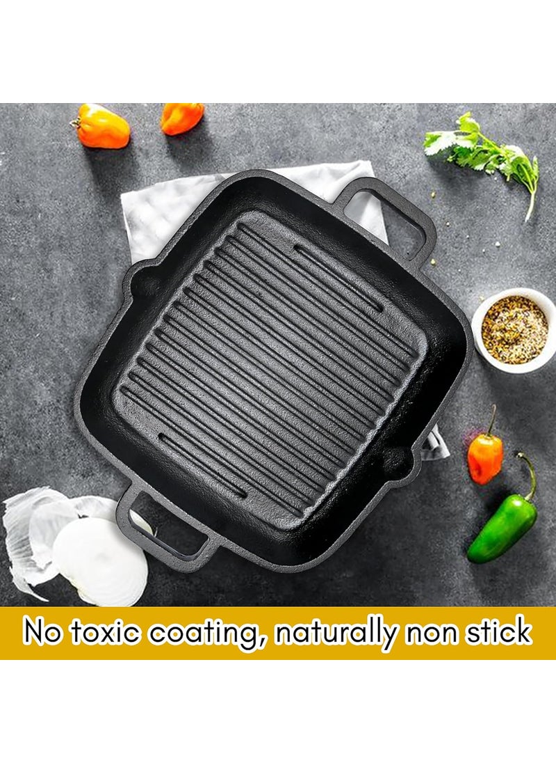 KNOBON PreSeasoned Cast Iron Grill Fry Pan Square Griddle with Ribs Nonstick Griddle Grill Cookware Black with Two Handle Gas Stove Induction Friendly 26Cm Black