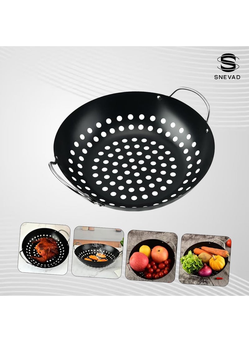Snevad Round Grill Wok with Handle with Holes for Big Green Veggie Basket BBQ Accessory Barbecue Tools for Stir FryMeat Vegetable Outdoor Camping Cookware All BBQ Gas Grill Oven Plate 30x28x7 CM