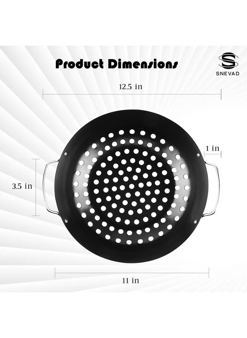 Snevad Round Grill Wok with Handle with Holes for Big Green Veggie Basket BBQ Accessory Barbecue Tools for Stir FryMeat Vegetable Outdoor Camping Cookware All BBQ Gas Grill Oven Plate 30x28x7 CM