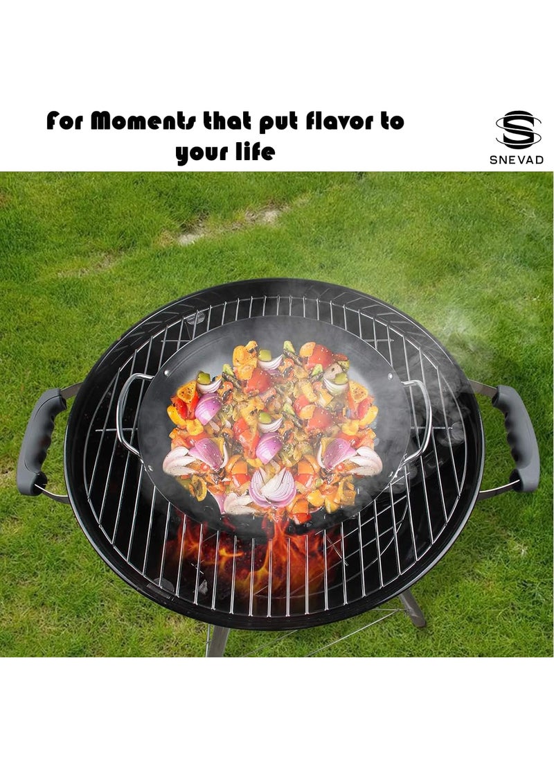 Snevad Round Grill Wok with Handle with Holes for Big Green Veggie Basket BBQ Accessory Barbecue Tools for Stir FryMeat Vegetable Outdoor Camping Cookware All BBQ Gas Grill Oven Plate 30x28x7 CM