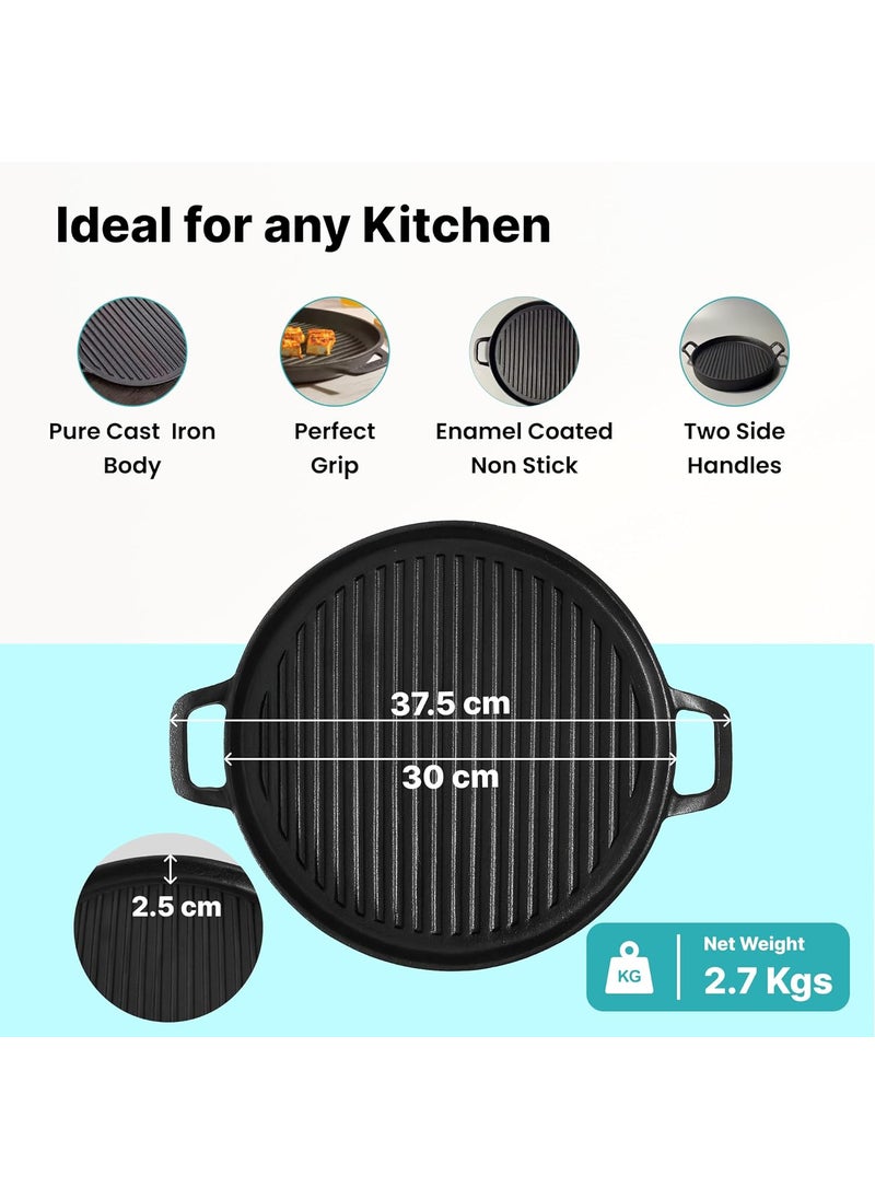 The Better Home Rustic Series Cast Iron Grill Pan Christmas Gifts Enamel Coated CastIron with Silicon Sleeve Gas Induction Cookware with Ergonomic Handle Grill Tawa Pan Black